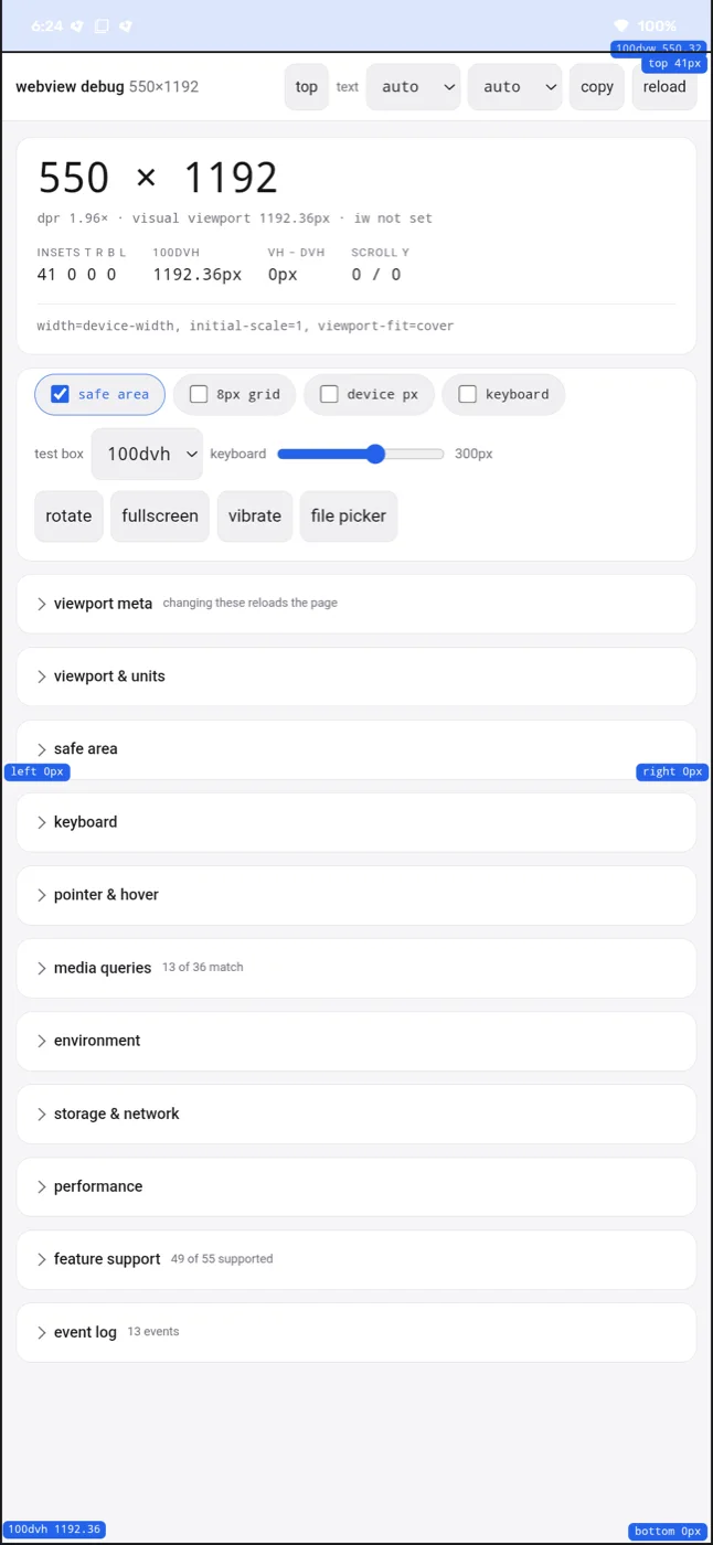 Android before the override: insets read 41 0 0 0, the real device values