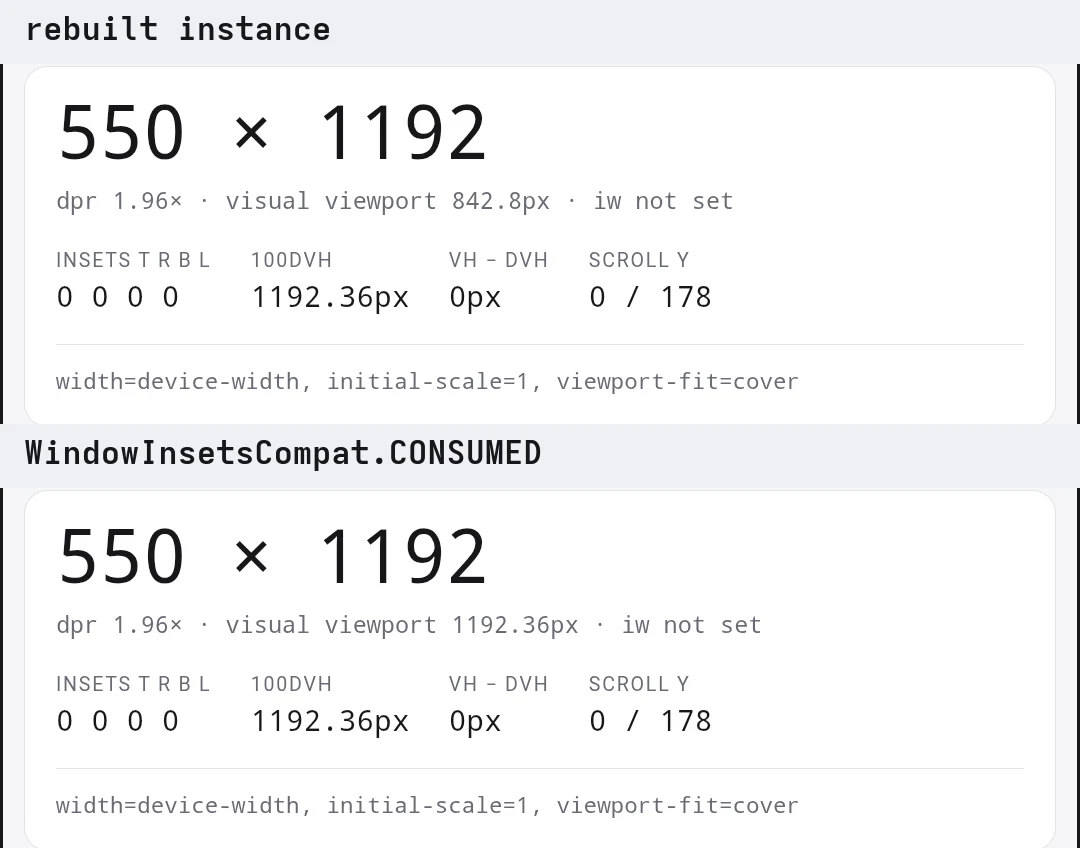 Two crops of the same page with the keyboard up. The rebuilt run reads visual viewport 842.8px, the CONSUMED run reads 1192.36px, and both read insets 0 0 0 0