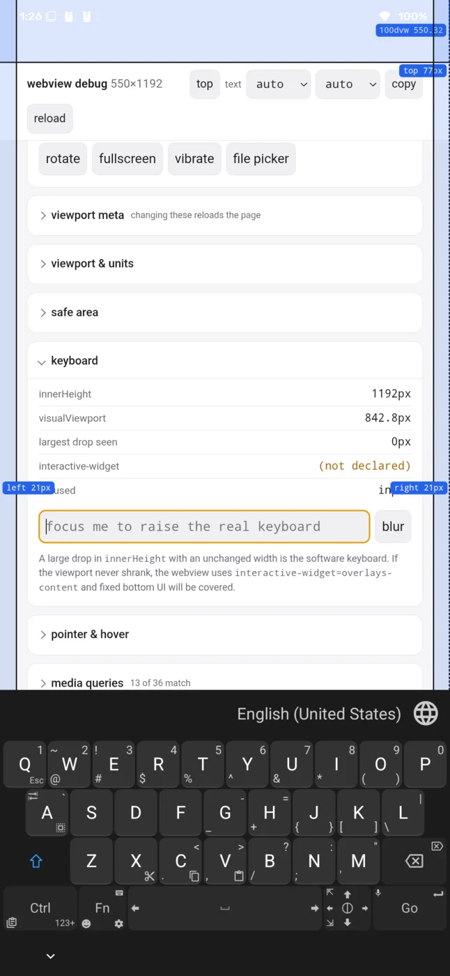 The debug page with the keyboard up, reading innerHeight 1192px and visualViewport 842.8px, with the input focused above the keyboard