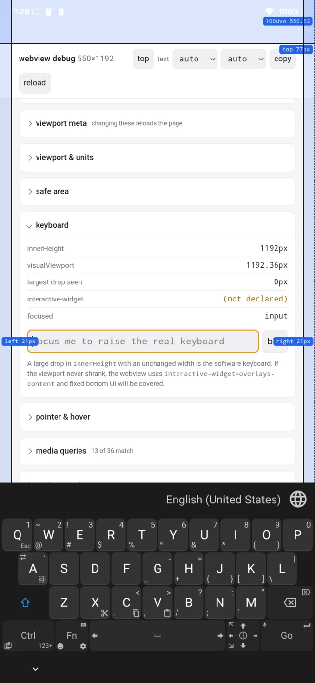The same page and keyboard, now reading innerHeight 1192px and visualViewport 1192.36px — the page never shrank, and the keyboard covers the lower part of it