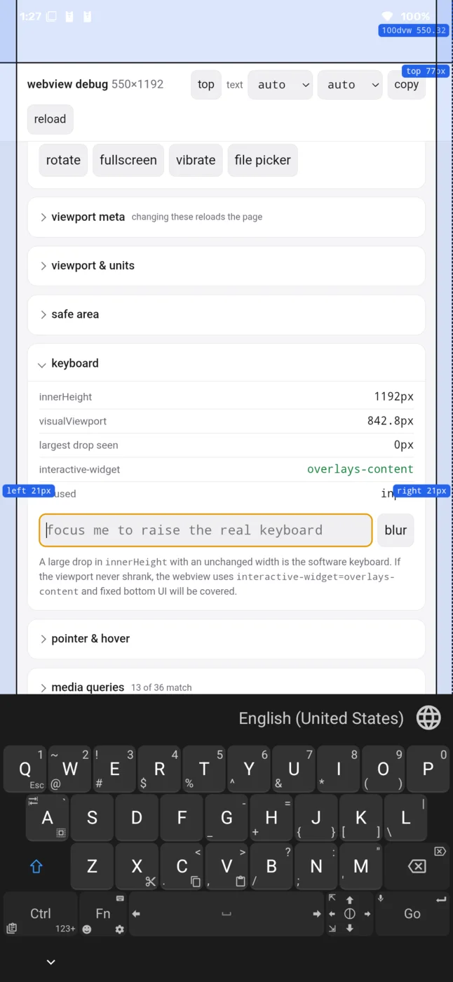 The same page declaring interactive-widget=overlays-content, shown in green in the keyboard card, still reading innerHeight 1192px and visualViewport 842.8px
