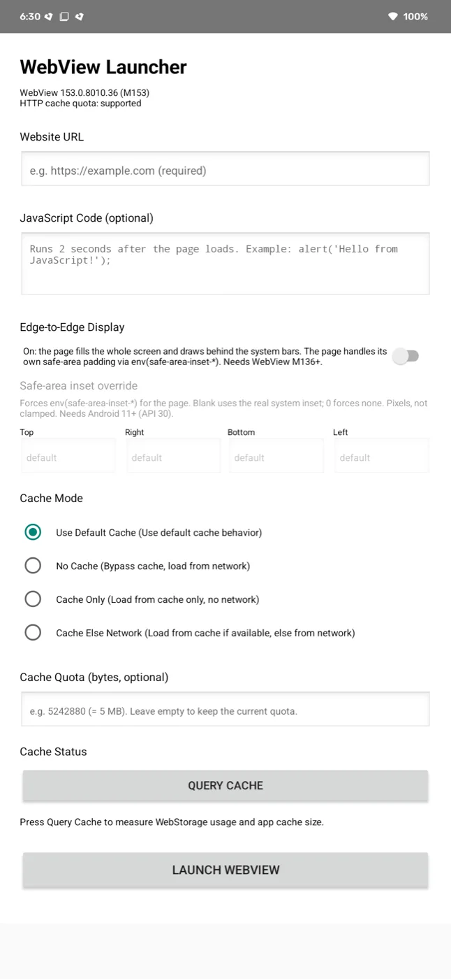 The Android launcher with edge-to-edge off: the four safe-area inset fields are greyed out and the label says the override needs edge-to-edge, WebView M136+ and Android 11 or newer