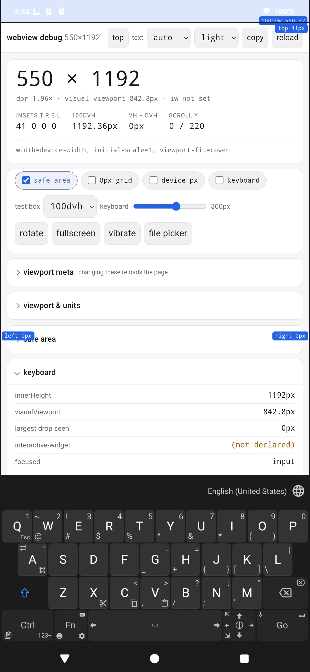 A real Android screen: the status bar across the top, the page in the middle, the keyboard above the navigation bar at the bottom