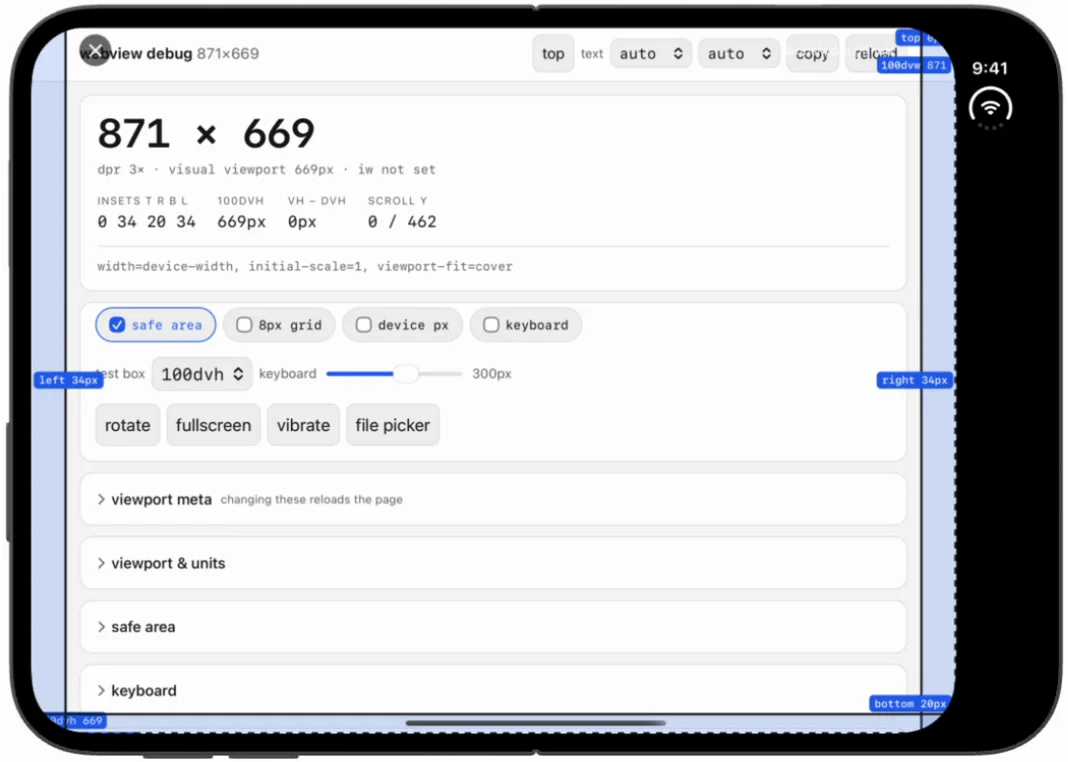 Inner display in landscape, built with Xcode 27.0: the page reports 871 by 669 rather than the panel's 951, with a black rail at the right