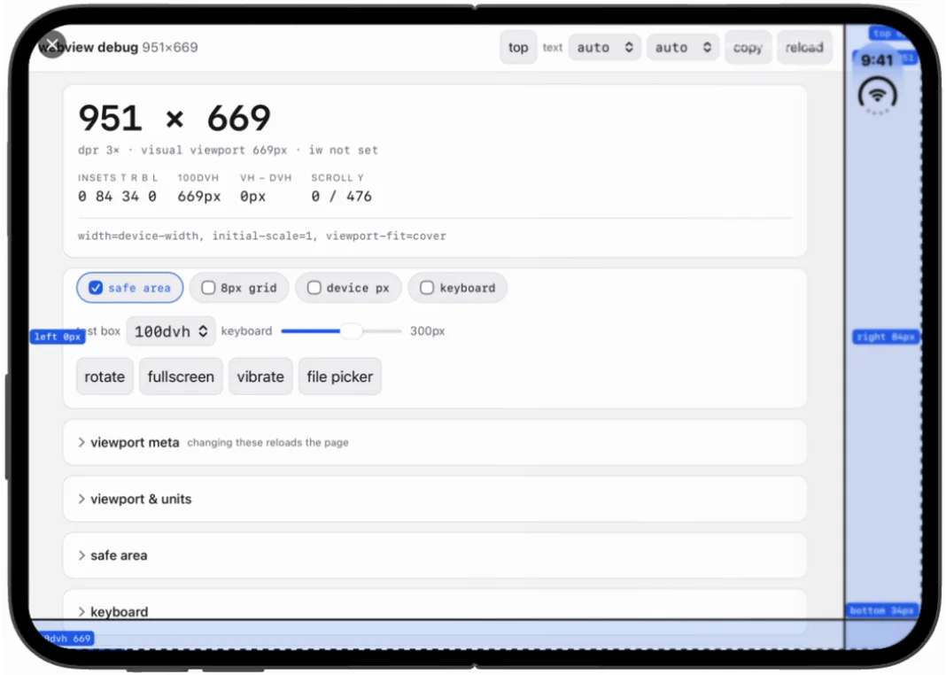 Inner display in landscape, built with Xcode 27.1: the page reports the full 951 by 669 and insets 0 84 34 0