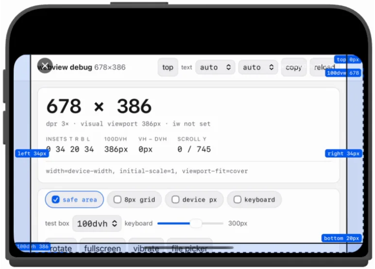 Outer display in landscape, built with Xcode 27.0: the page reports 678 by 386 rather than the panel's 678 by 466, letterboxed by the same 80 points, and the insets read 0 34 20 34