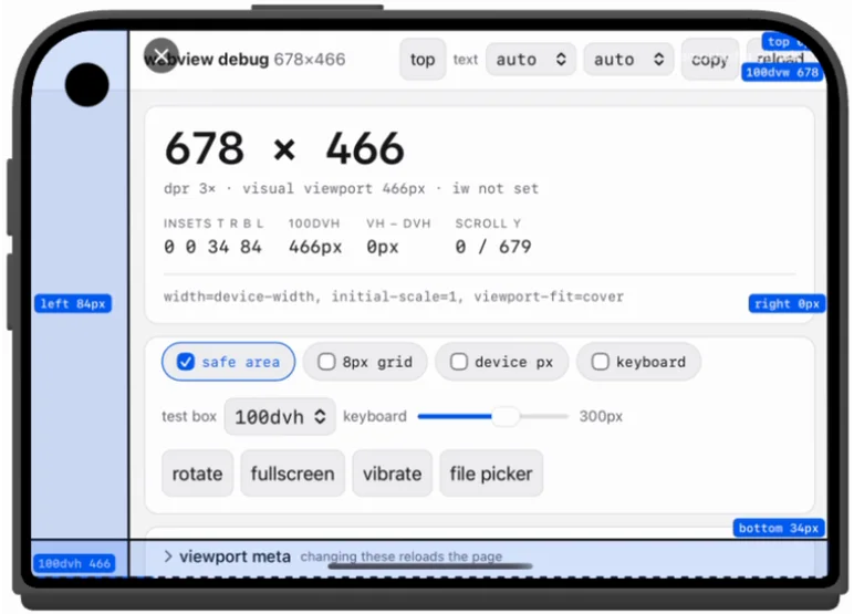 Outer display in landscape, built with Xcode 27.1: the page reports the full 678 by 466 and insets 0 0 34 84, with the status bar's 84 point reserved region on the left where the camera cutout is
