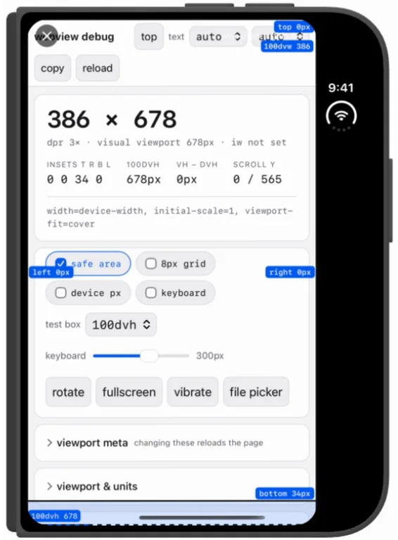 Outer display in portrait, built with Xcode 27.0: the page reports a 386 by 678 viewport and insets 0 0 34 0, with a black rail carrying the status bar down the right