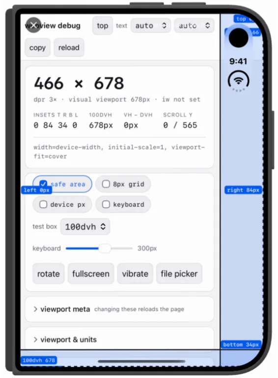 Outer display in portrait, built with Xcode 27.1: the same page now reports 466 by 678 and insets 0 84 34 0, filling the width with the status bar as a real 84 point inset