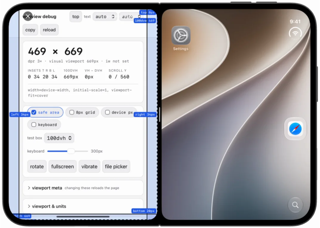 Unfolded with the app snapped to the left half, built with Xcode 27.0: the page reports a 469 by 669 window and insets 0 34 20 34, matching the 27.1 window width