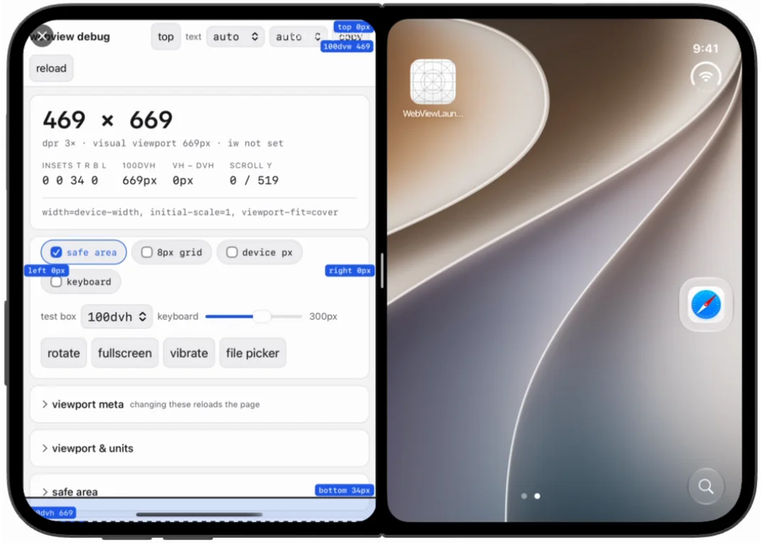 The same arrangement built with Xcode 27.1: the window is an identical 469 by 669, and the insets change to 0 0 34 0 because the status bar's reserved region no longer abuts the app