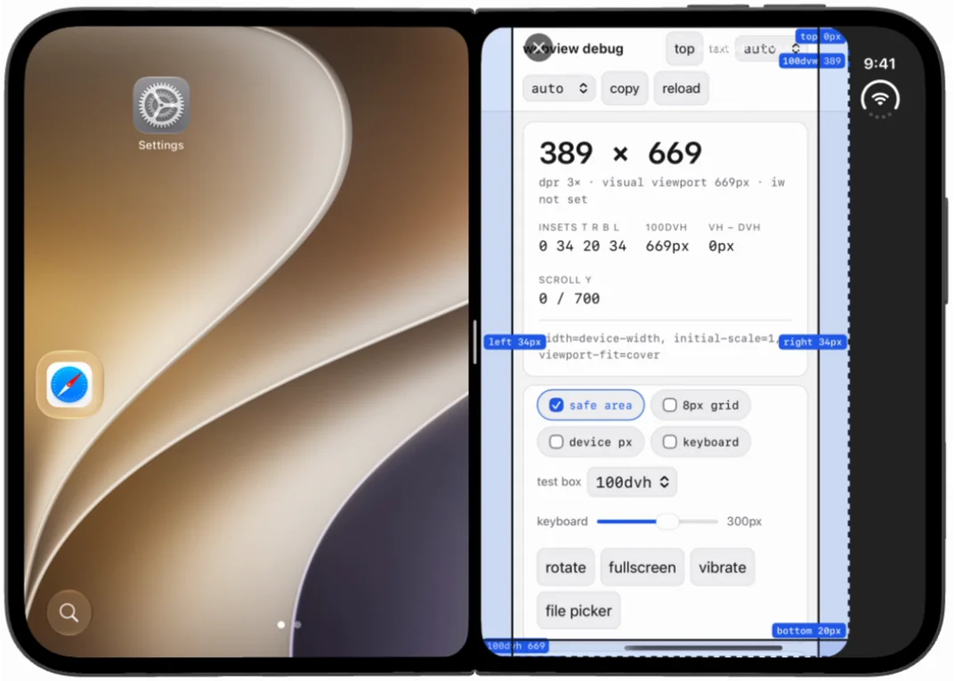 Unfolded with the app snapped to the right half, built with Xcode 27.0: the window shrinks to 389 by 669 and the insets stay 0 34 20 34, with a black rail carrying the status bar down the right