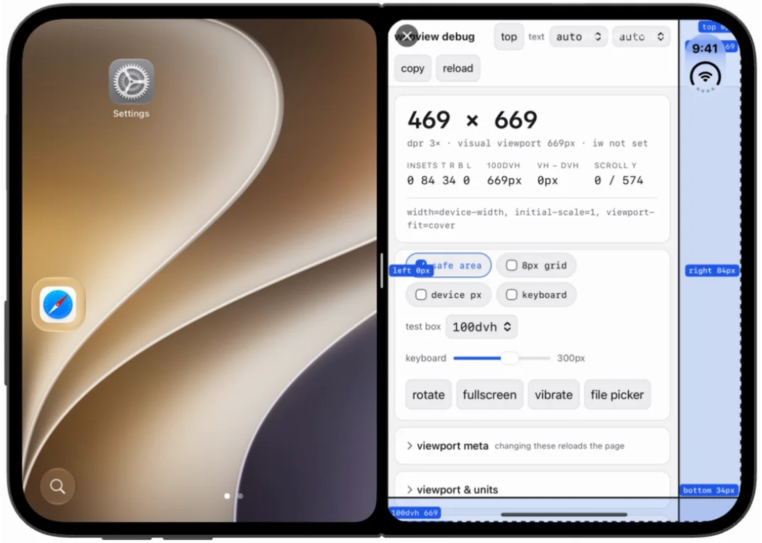 The same arrangement built with Xcode 27.1: the window is 469 by 669, and the insets are 0 84 34 0 because the status bar's 84 point reserved region now sits inside the app's own half