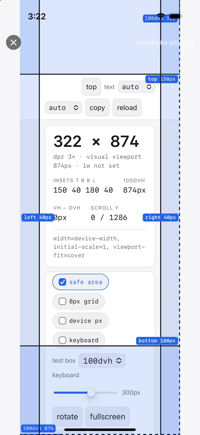 The same page under .always, still reading insets 150 40 180 40 but confined to 322 points of width, with its content pushed down by the top inset a second time