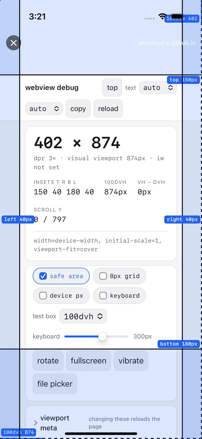 The demo page under .never, spanning the full 402 point width with insets reading 150 40 180 40