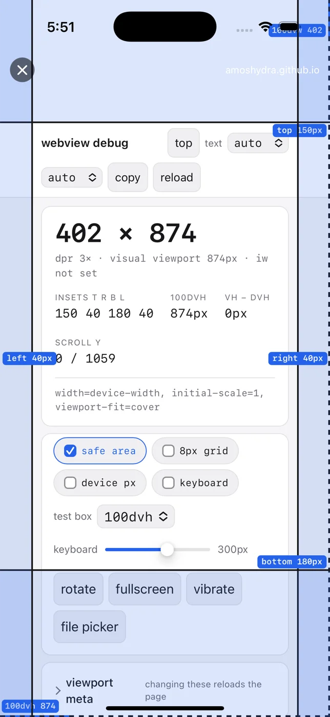 iOS after the override: insets read 150 40 180 40, with the page's own overlays drawn at the overridden positions