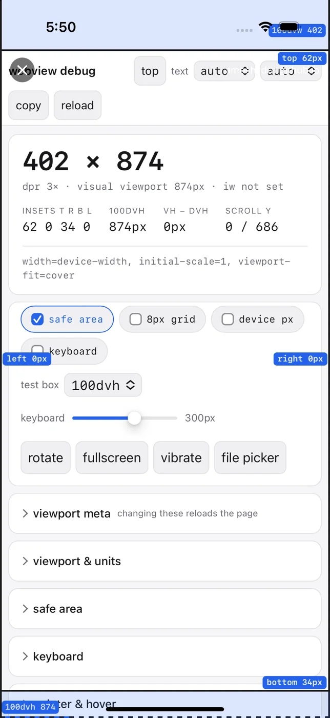 iOS before the override: insets read 62 0 34 0, the real device values