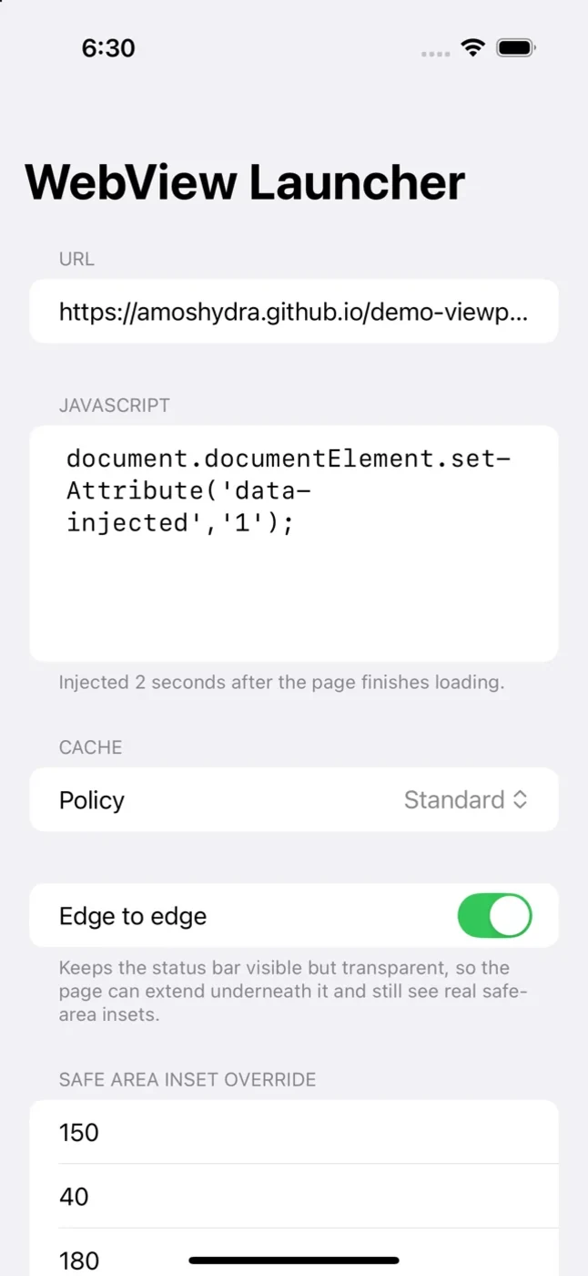 The iOS launcher with edge to edge on and the values 150, 40 and 180 entered in the per-edge inset override fields