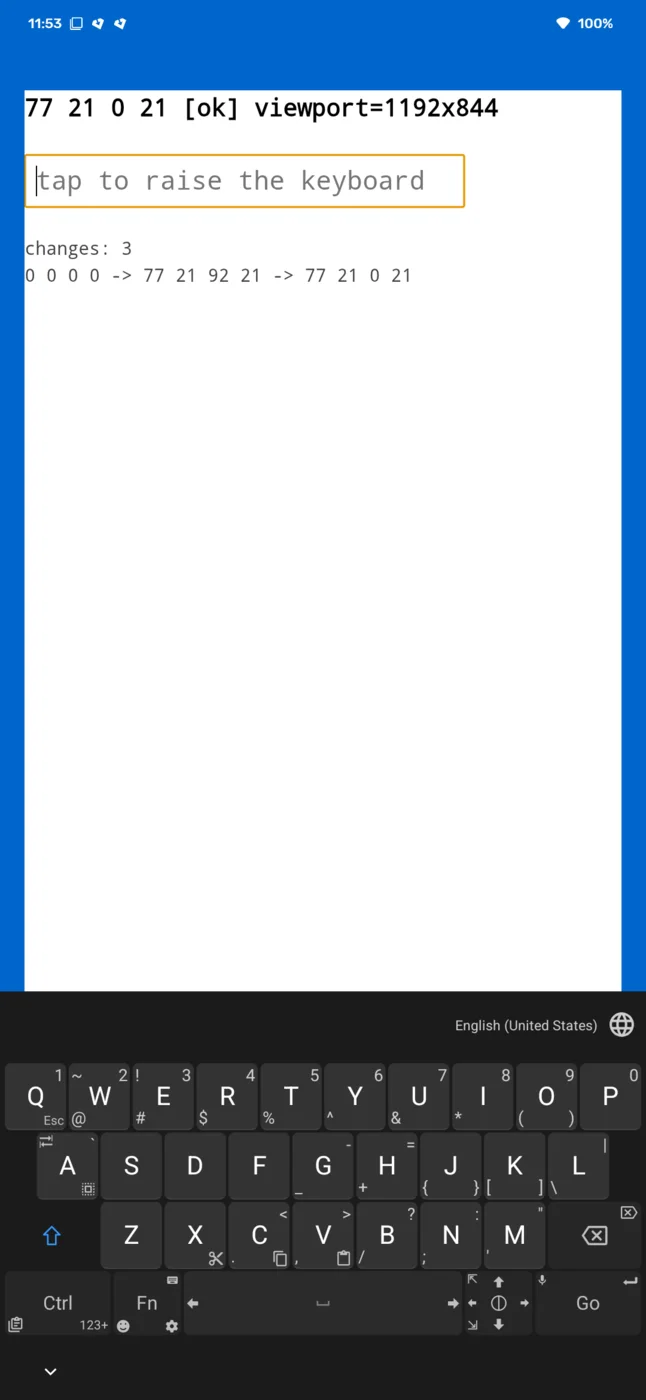 The same page reading 77 21 0 21 with the keyboard up: the top, left and right bands are unchanged and the bottom band is gone